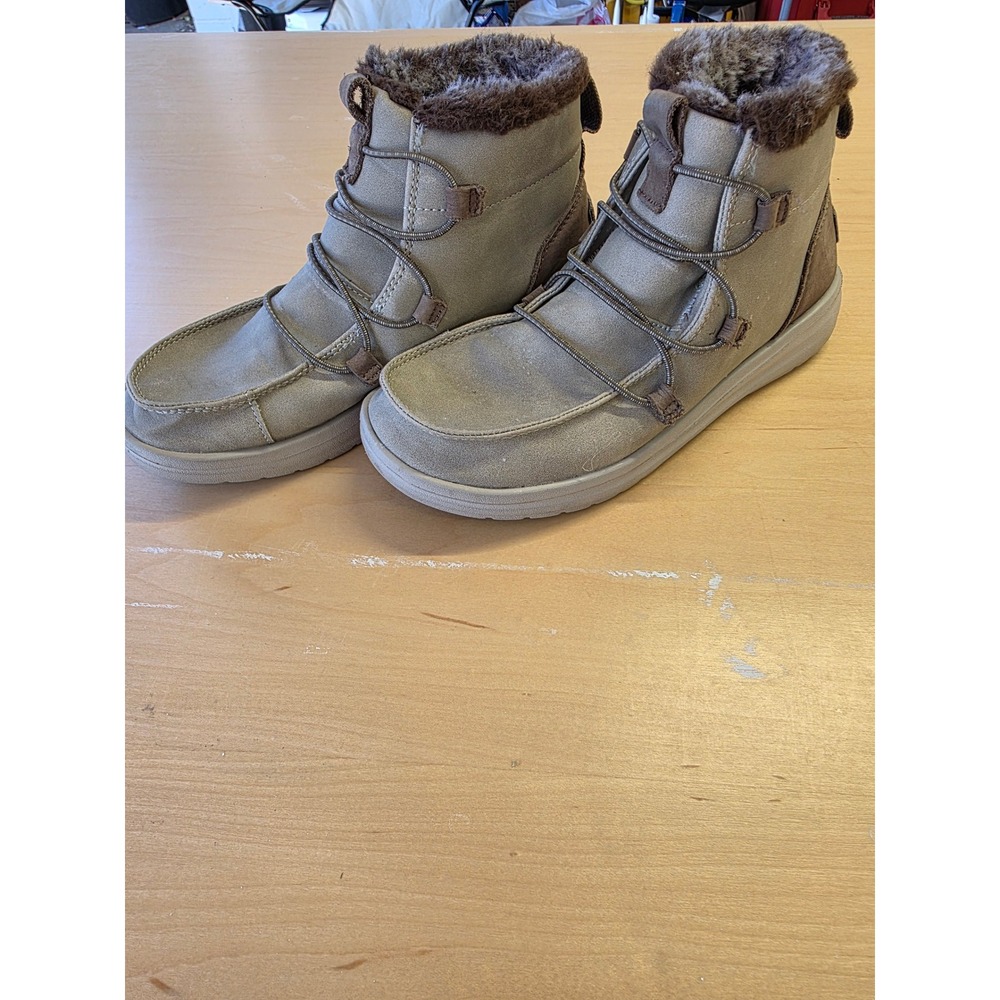 Hey Dude Britt Khaki Brown Faux Fur Lined Ankle Boots Womens Shoes